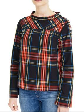 J.Crew Jeweled Funnel-neck Top in Stewart Tartan Plaid Sz: 4  Cotton Style K6796